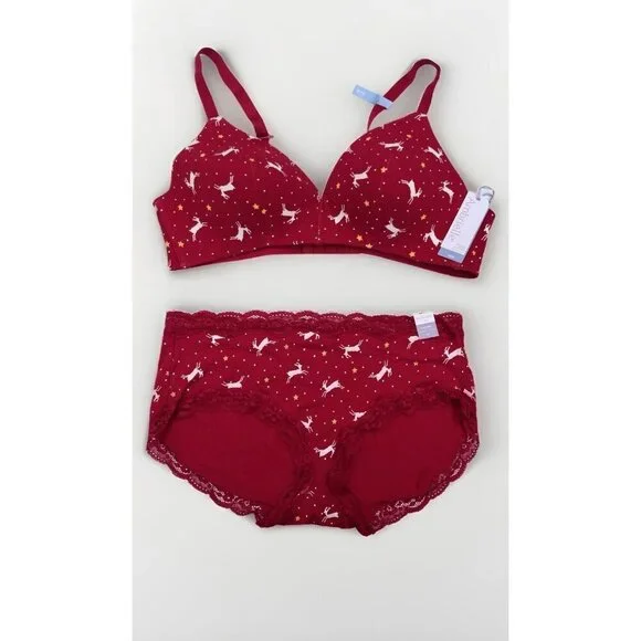 Ambrielle Women’s Bra 40B & Hipster Panty 1X Set Organic Cotton Deer Print - Picture 1 of 14